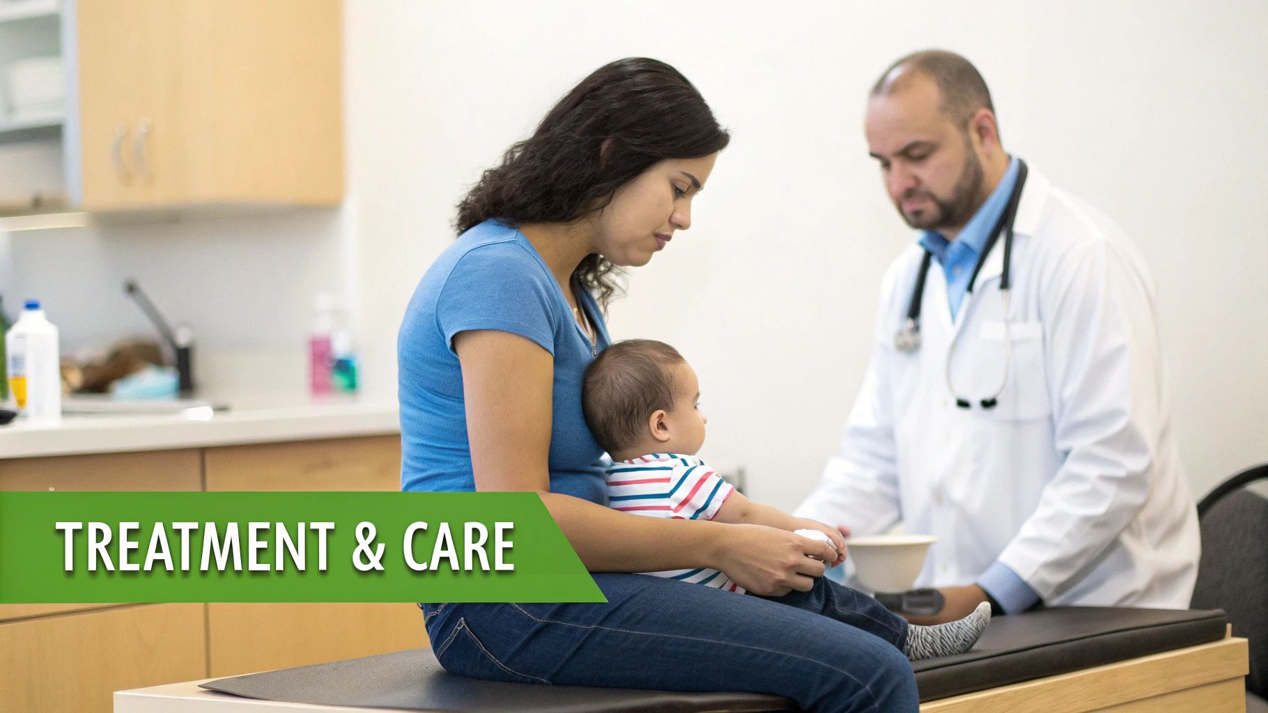 A mother holds her baby during a medical check-up with a doctor in a clinic setting.