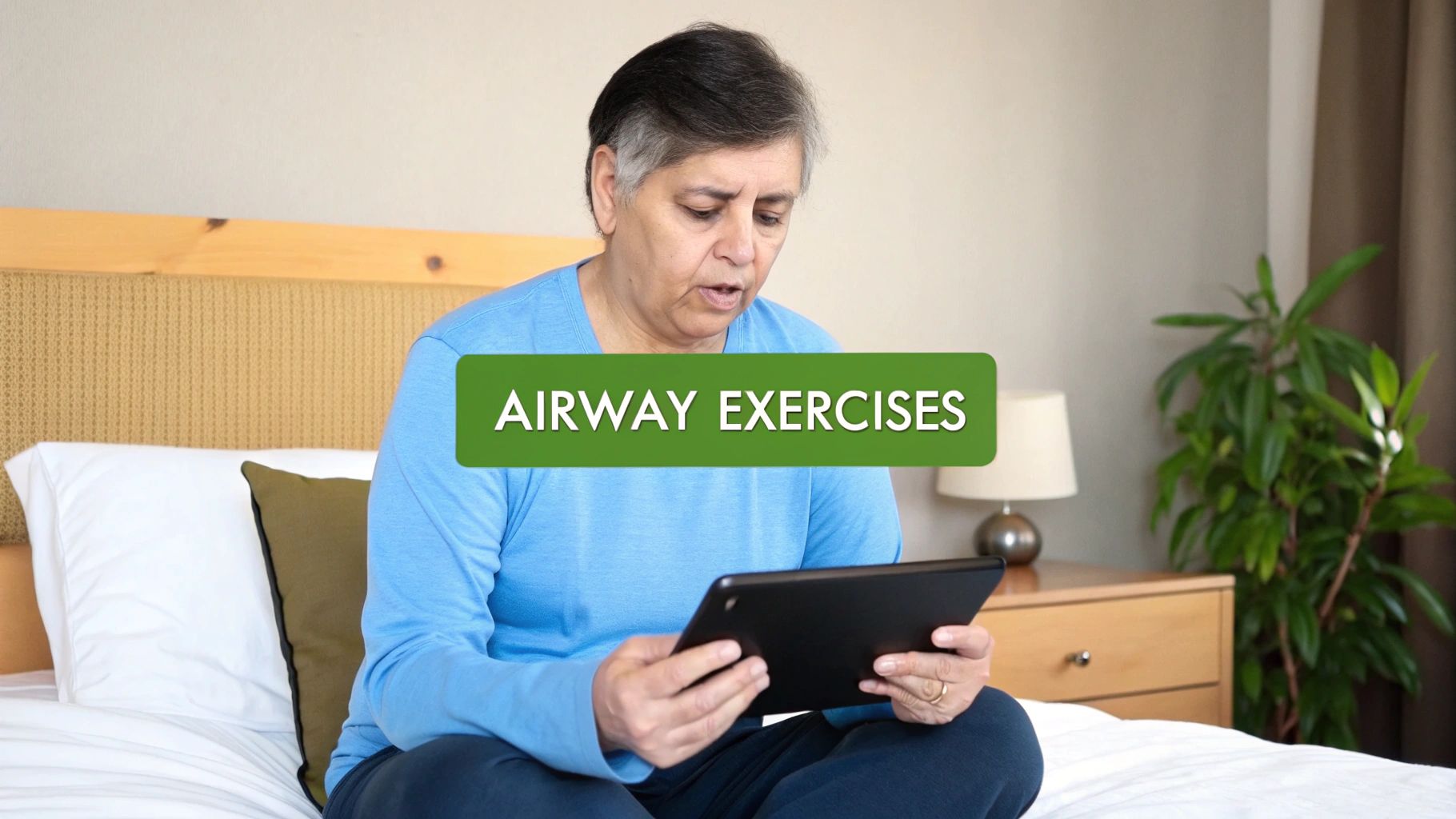 An older person sits on a bed, looking at a tablet displaying 'AIRWAY EXERCISES' text.