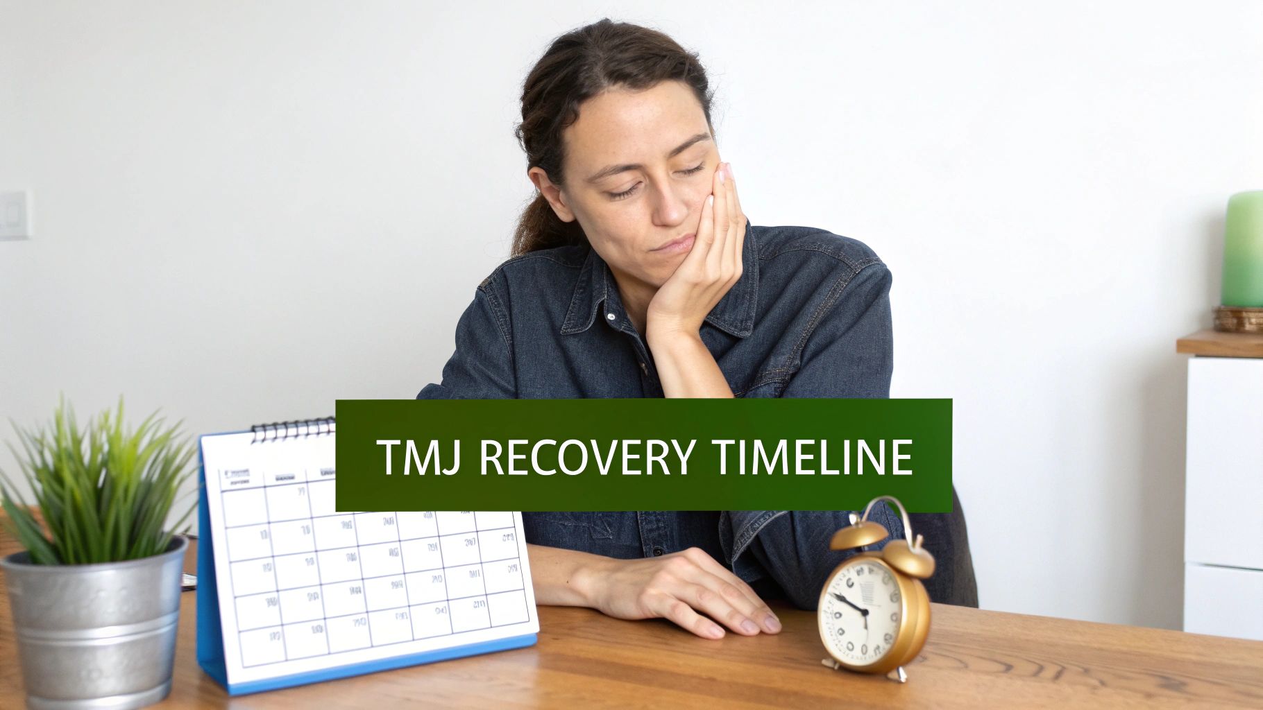 A woman with her hand on her jaw, looking tired, next to a calendar and alarm clock, representing TMJ recovery.