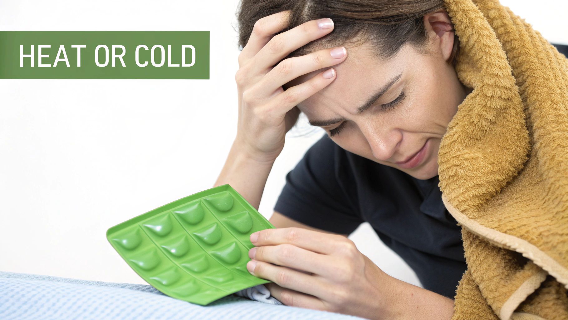 A woman with a headache considers a green heat or cold pack for pain relief, with text 'HEAT OR COLD'.