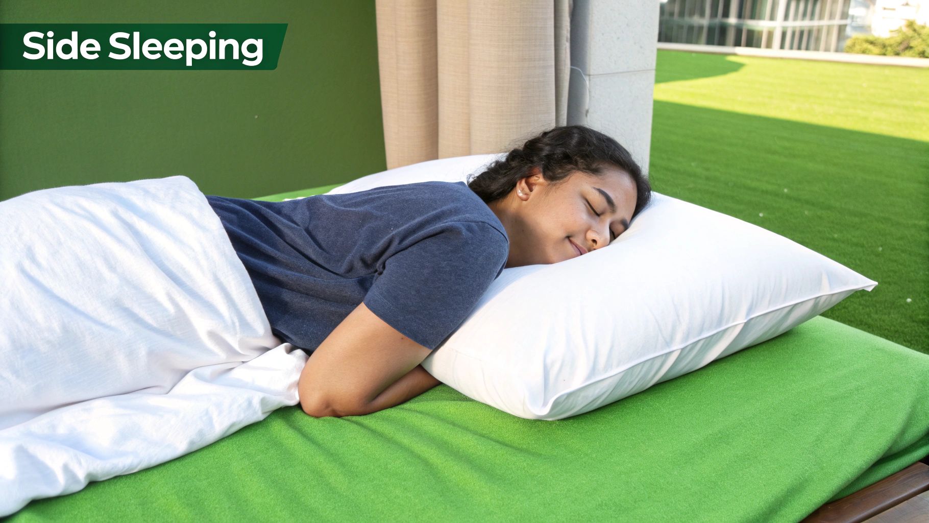 A young woman sleeps peacefully on her side on a green outdoor bed.