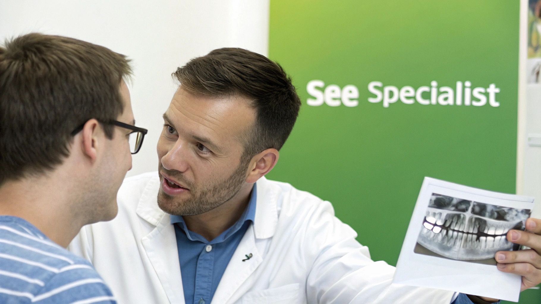 A dentist in a white coat explains a dental X-ray to a male patient, with "See Specialist" in the background.