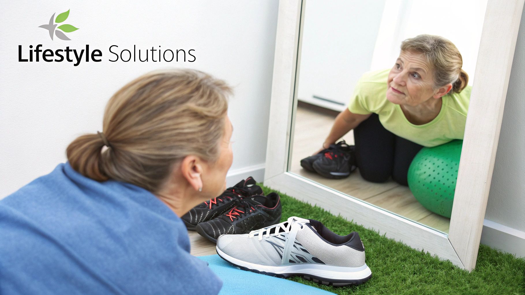 An older woman looks into a mirror at her reflection exercising with a green ball.