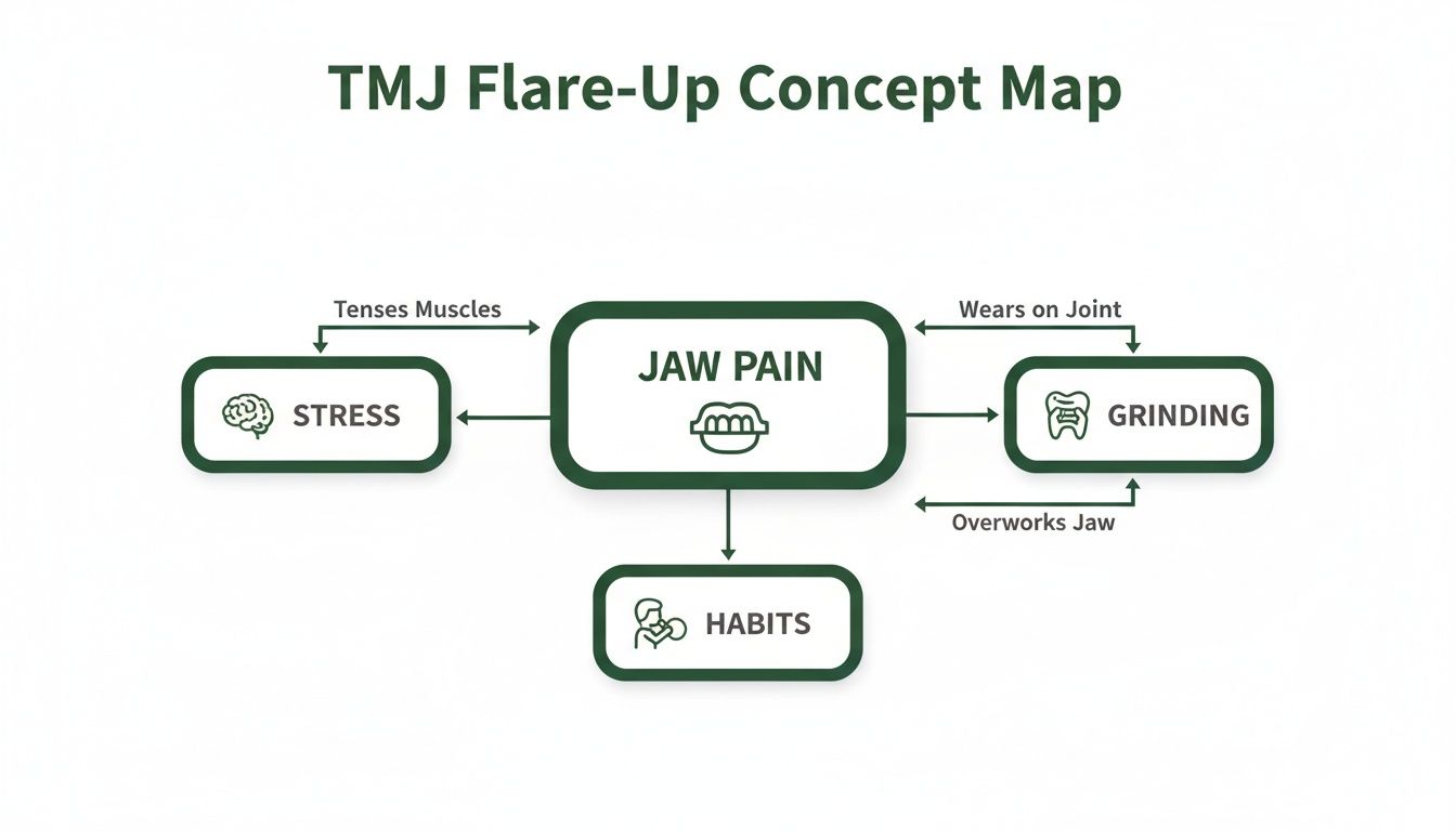 A concept map illustrating the causes of TMJ jaw pain: stress, grinding, and habits.
