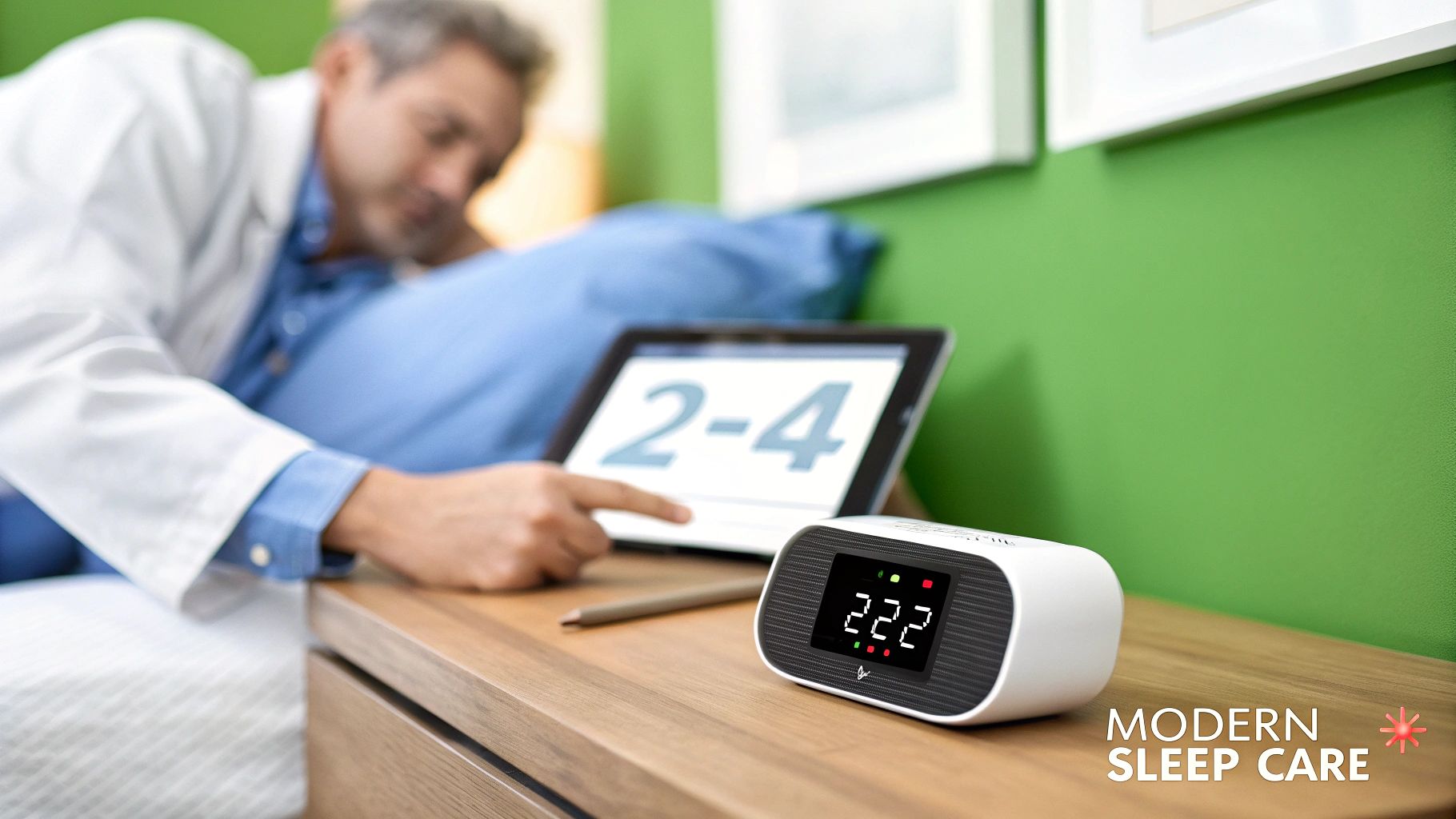 A sleep specialist points at a tablet showing sleep data, next to a sleep tracking device.