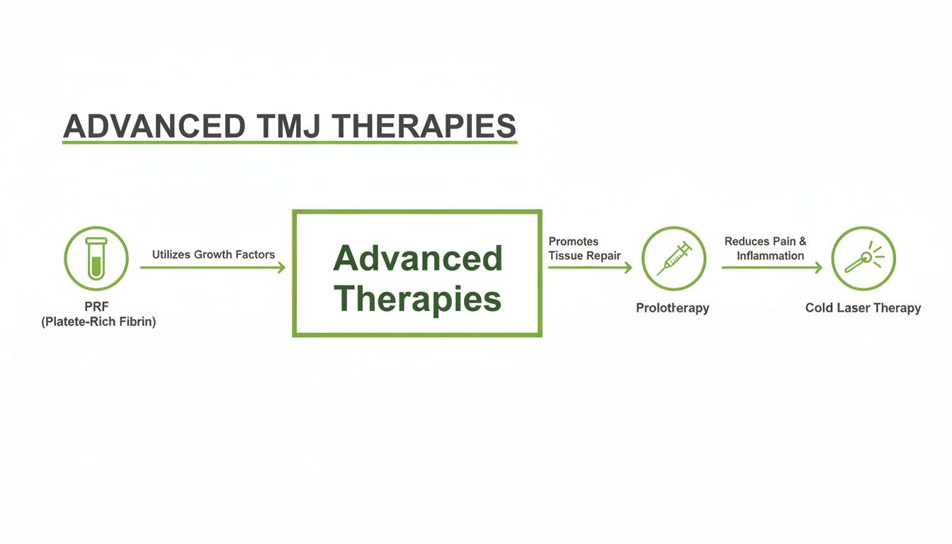 Diagram illustrating advanced TMJ therapies: PRF, prolotherapy, and cold laser therapy for tissue repair and pain relief.