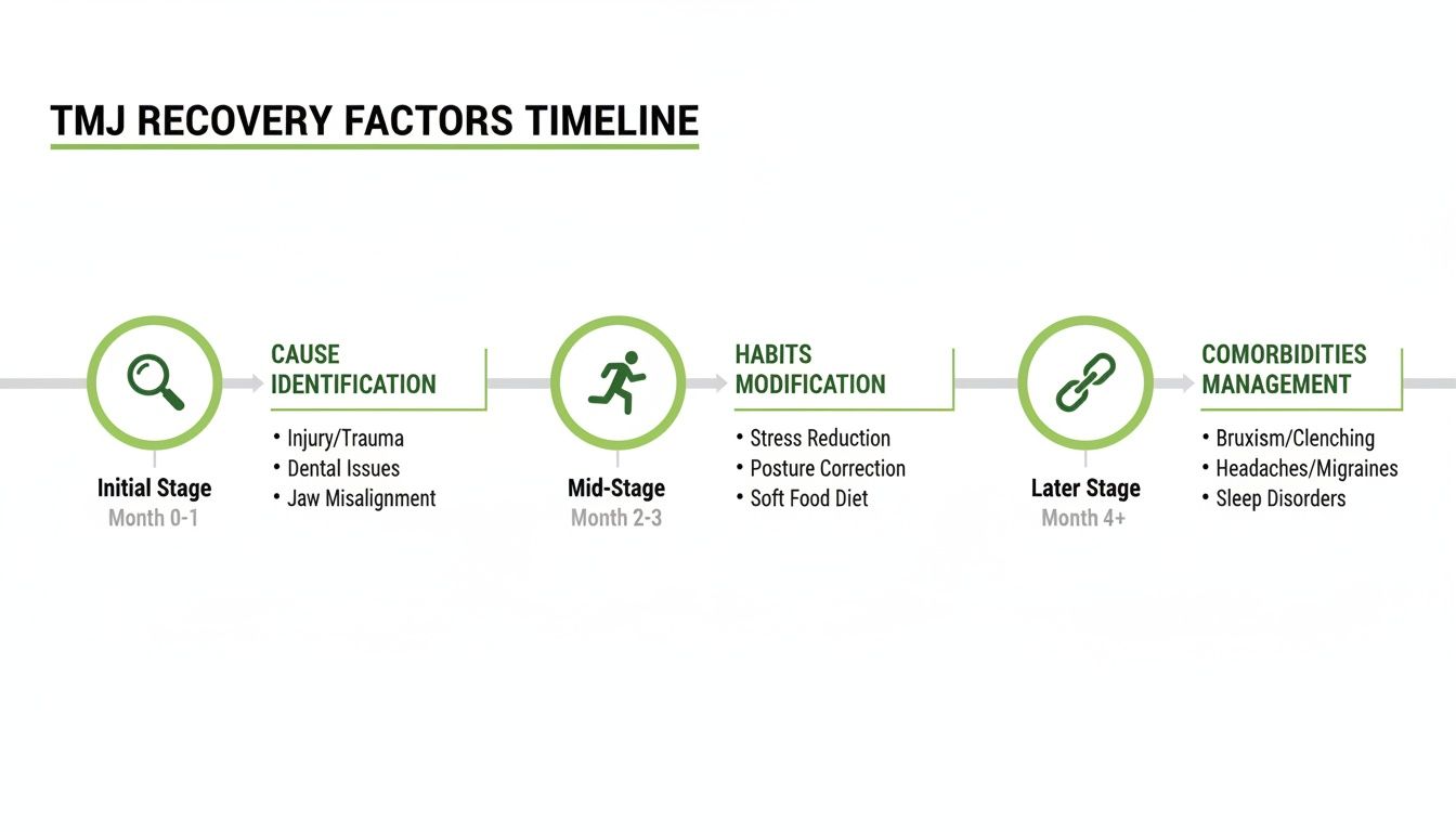 A timeline depicting TMJ recovery factors: cause identification, habits modification, and comorbidities management.