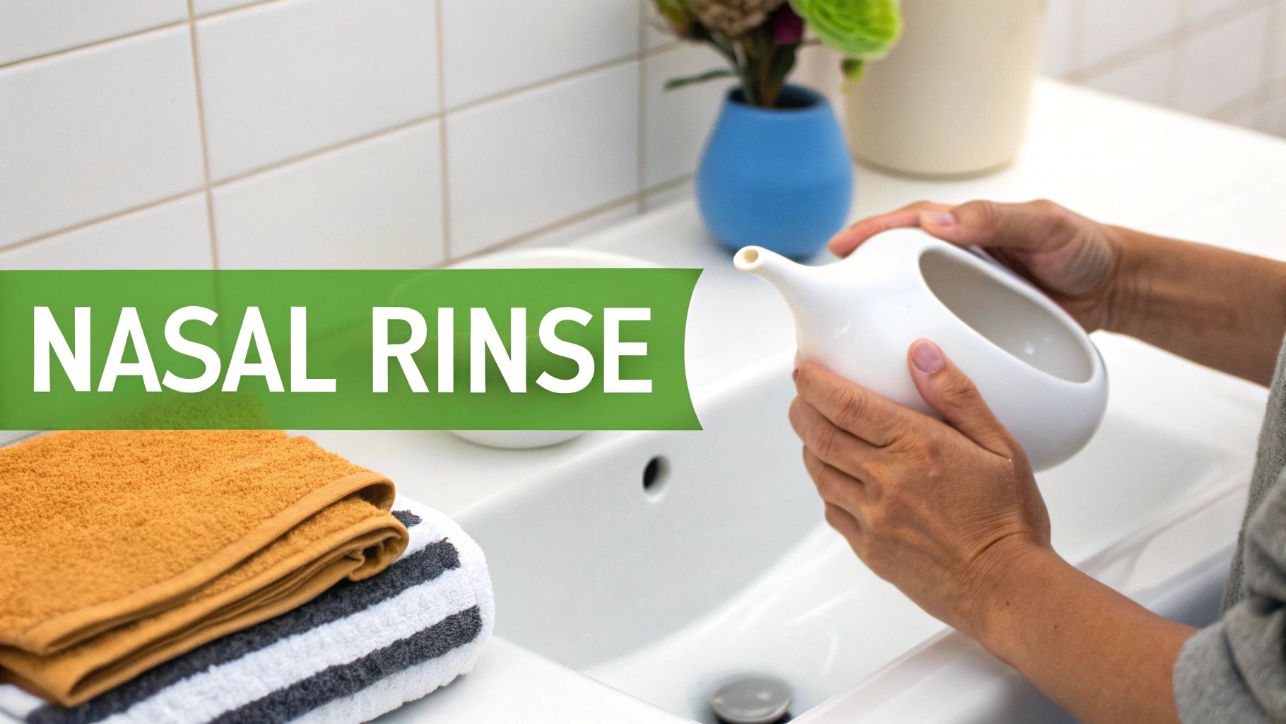 A person holds a white neti pot over a bathroom sink, with folded towels nearby, for a nasal rinse.