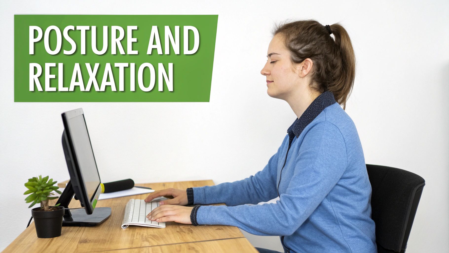 A young woman demonstrating good posture and relaxation while sitting at a desk and typing.