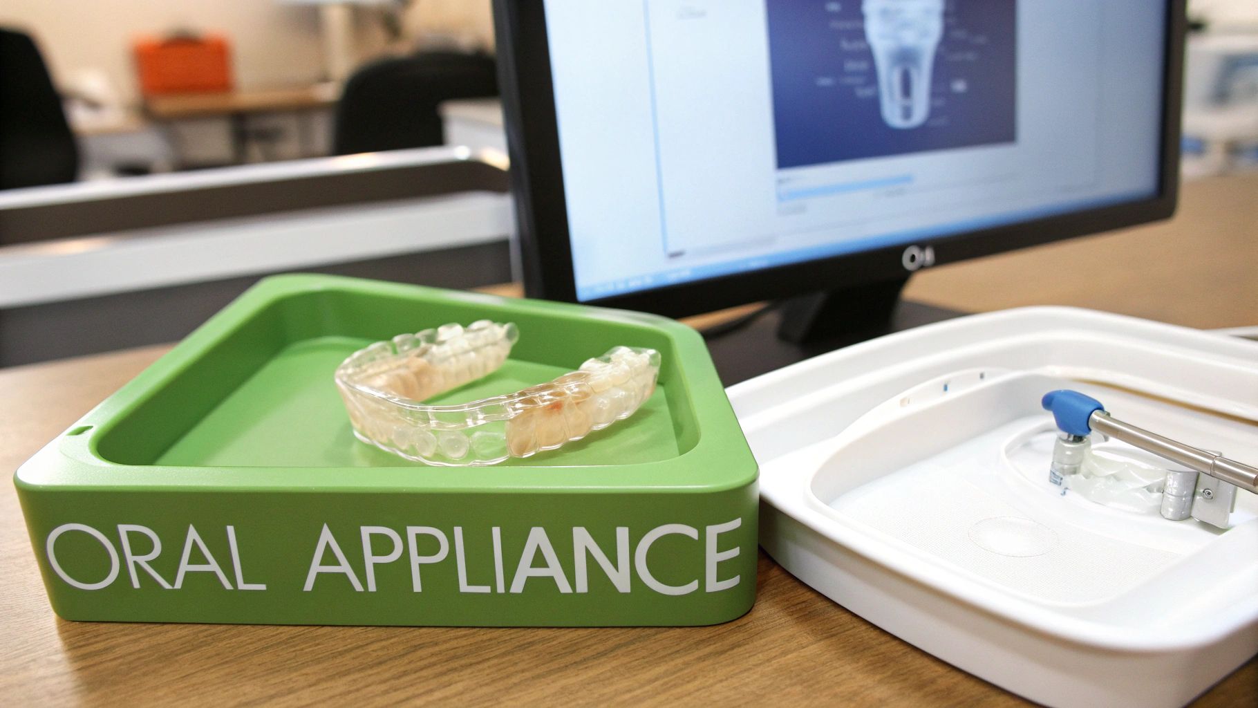 A clear oral appliance rests in a green tray, with a computer monitor showing dental schematics nearby.