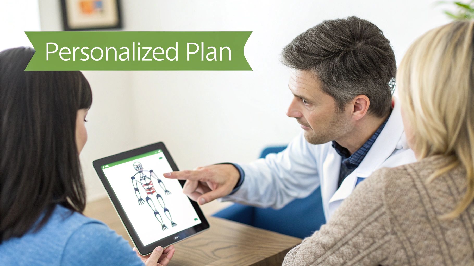 A doctor in a white coat points to a human body diagram on a tablet, explaining a personalized plan to two patients.