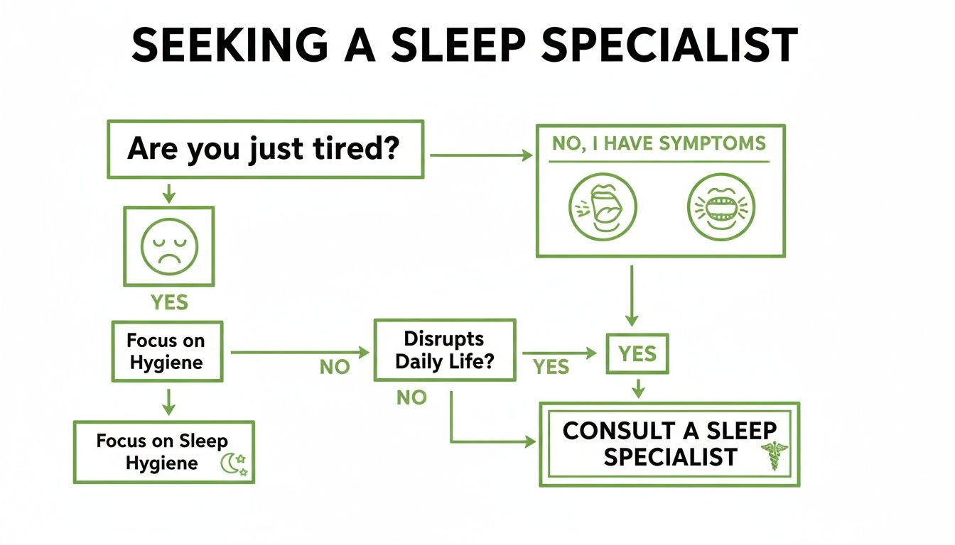 Flowchart guiding individuals on when to consult a sleep specialist based on symptoms and daily disruption.