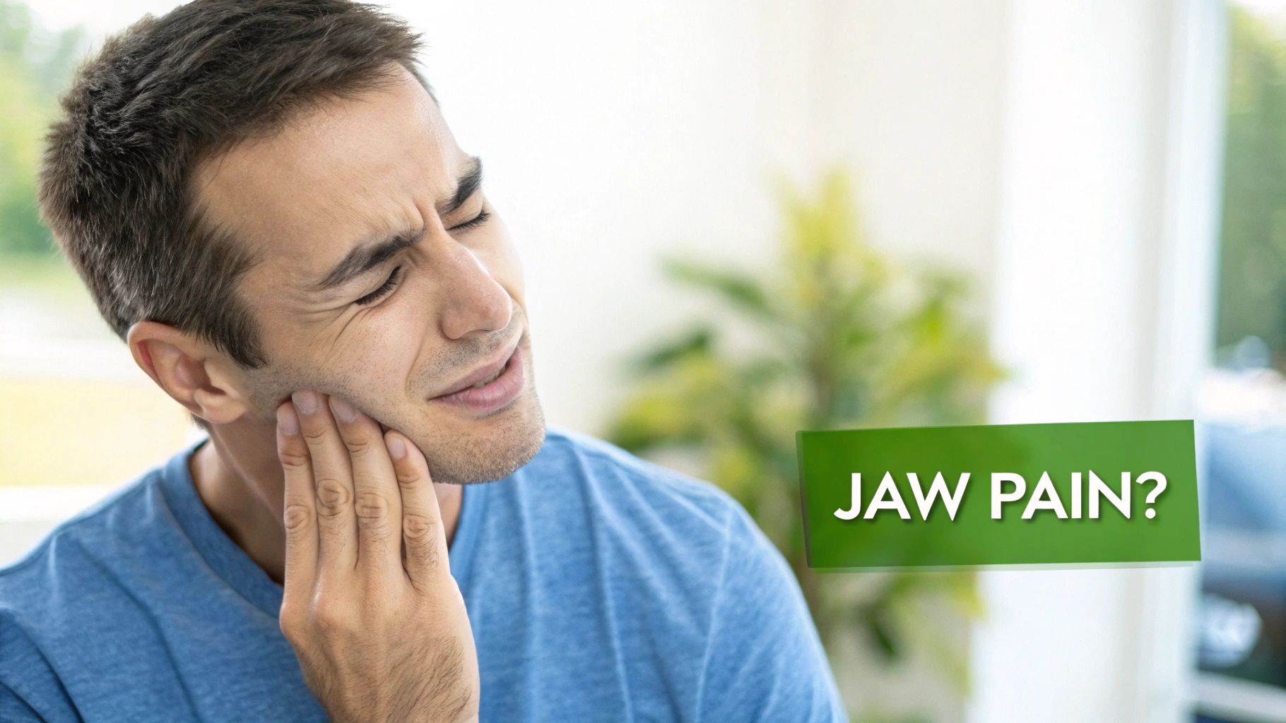 A man with a pained expression clutches his jaw, indicating temporomandibular joint discomfort or pain.
