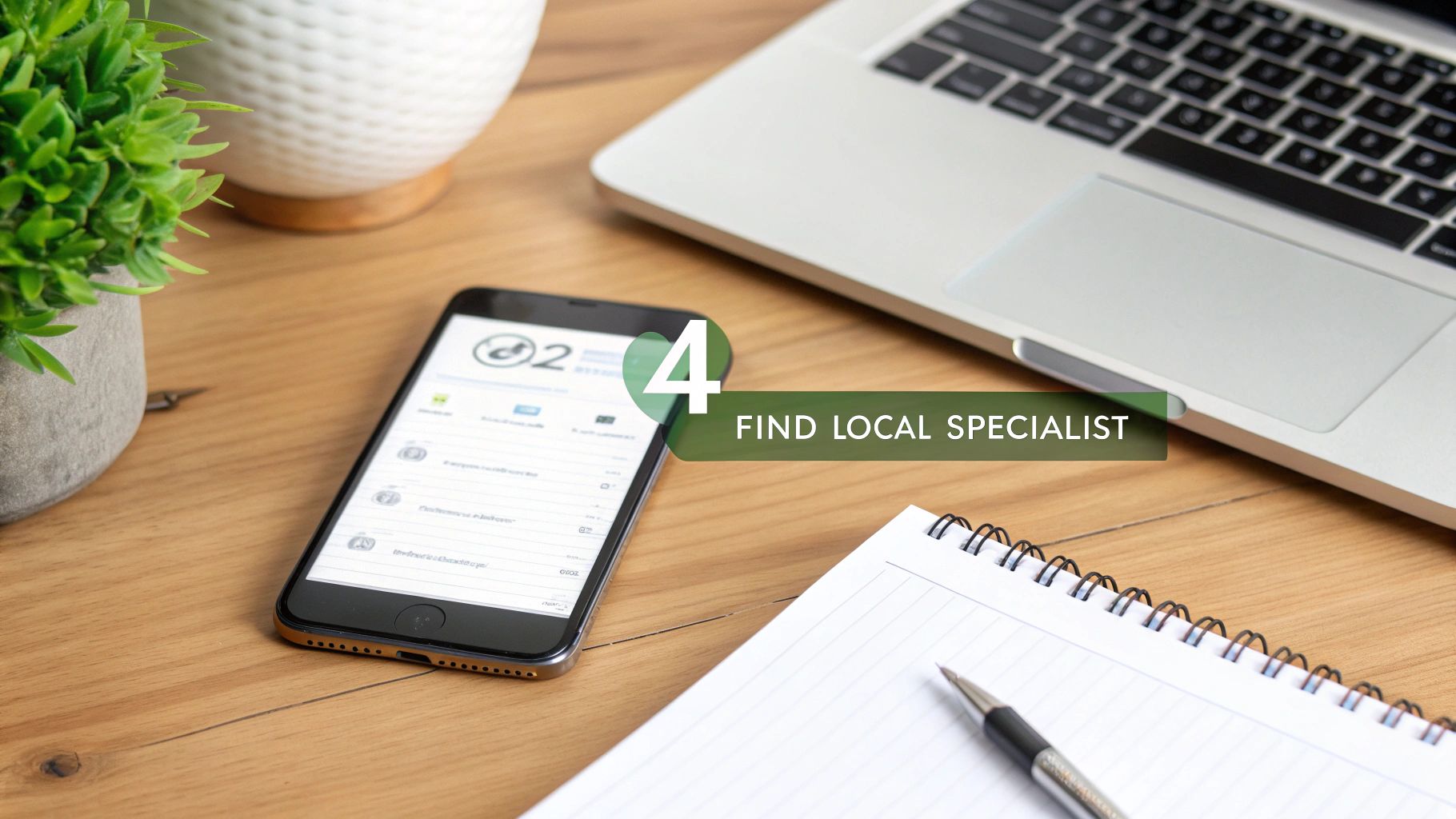 A person's desk with a laptop, phone, notebook, and a plant. The phone screen shows an app, and an overlay reads '4 FIND LOCAL SPECIALIST'.