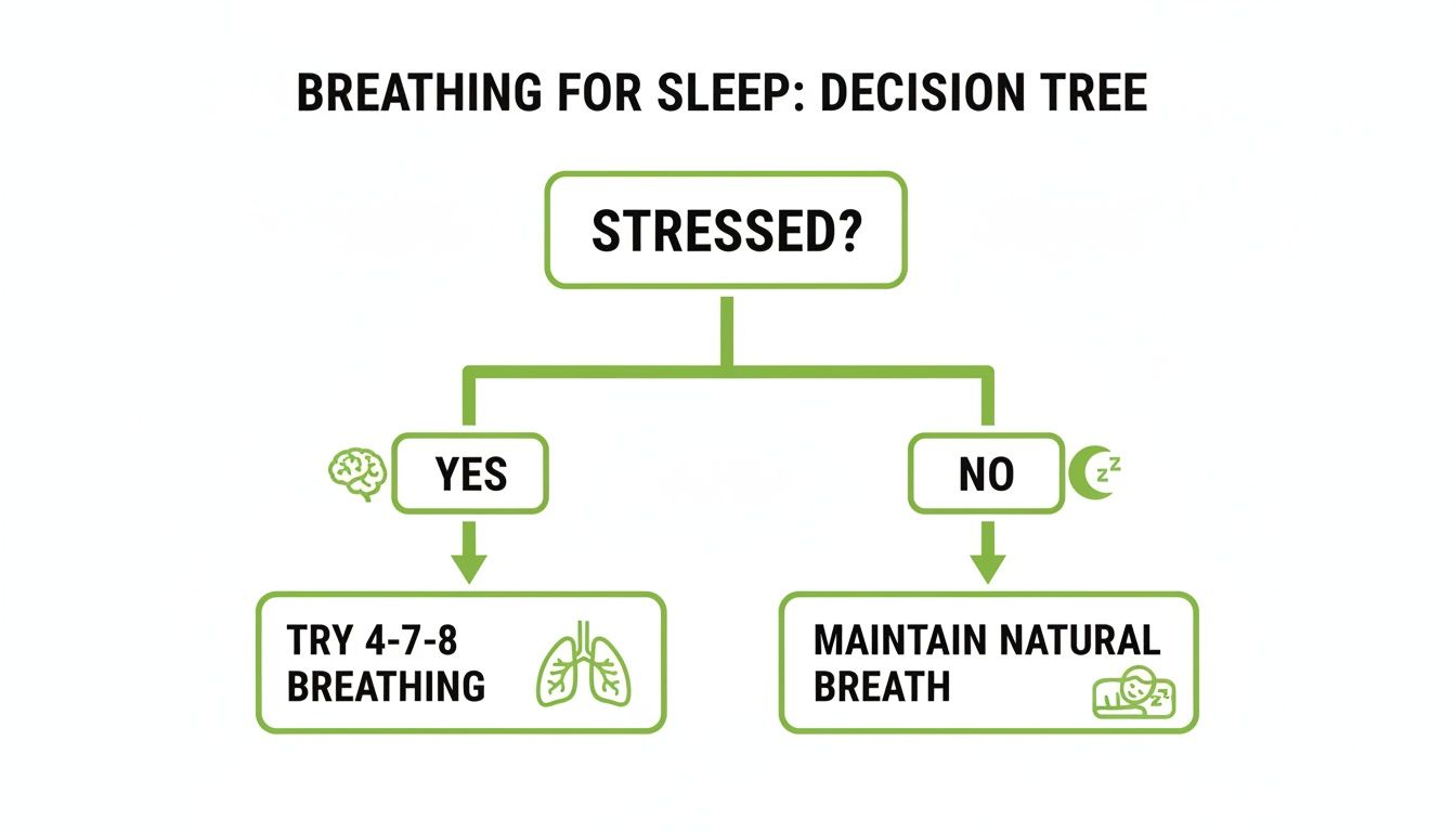 A decision tree flowchart titled 'Breathing for Sleep' asks 'Stressed?'. If 'YES', it advises 'Try 4-7-8 Breathing'. If 'NO', it advises 'Maintain Natural Breath'.