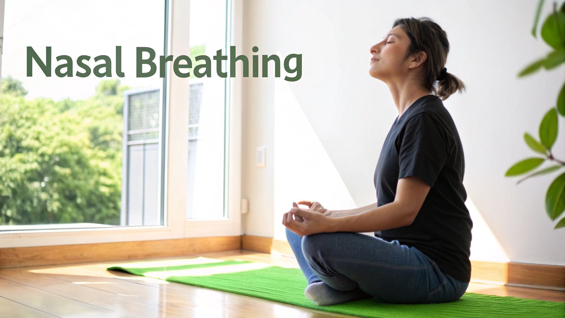 A woman practices nasal breathing meditation on a green yoga mat by a bright window.