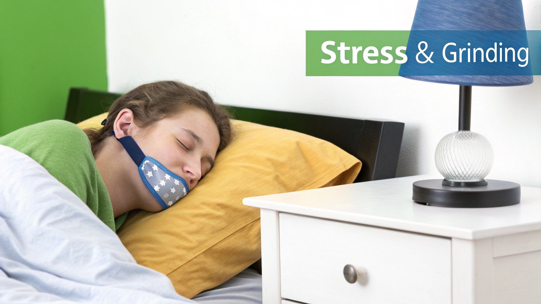 A young person sleeping with a chin strap on, promoting stress and grinding relief.