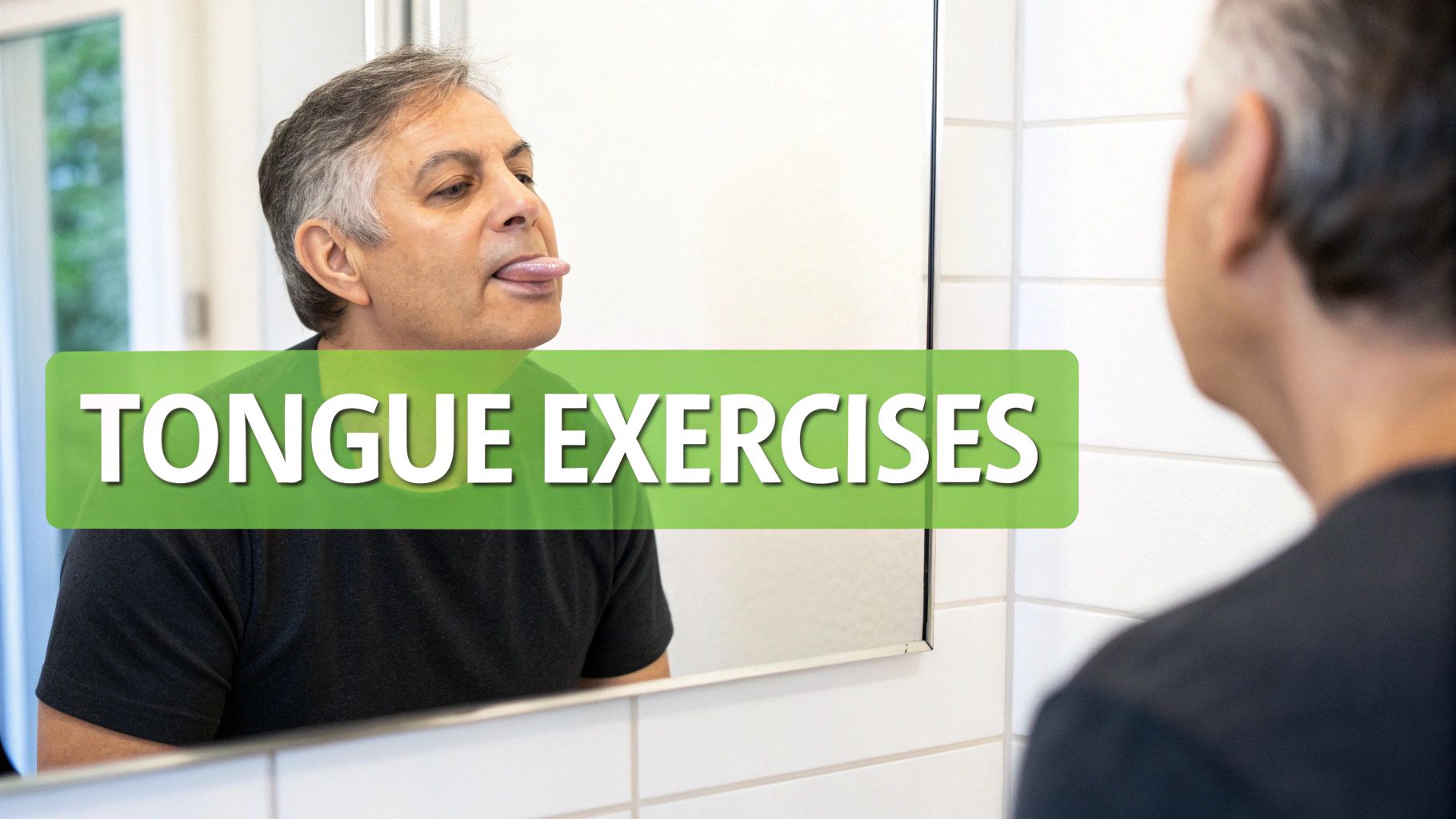 A middle-aged man looks into a mirror, sticking out his tongue, practicing tongue exercises.