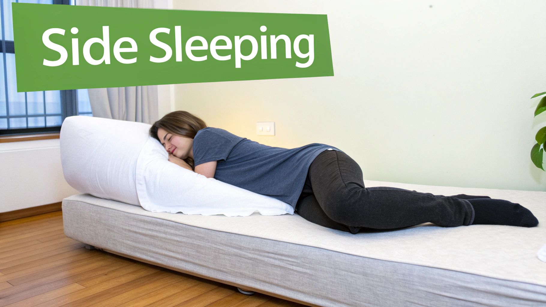 A woman sleeps comfortably on her side in bed with a body pillow, illustrating a side sleeping position.