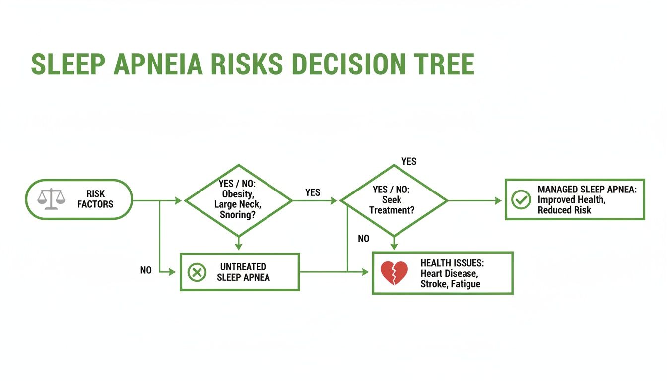 Decision tree illustrating sleep apnea risks, diagnosis, and treatment outcomes.