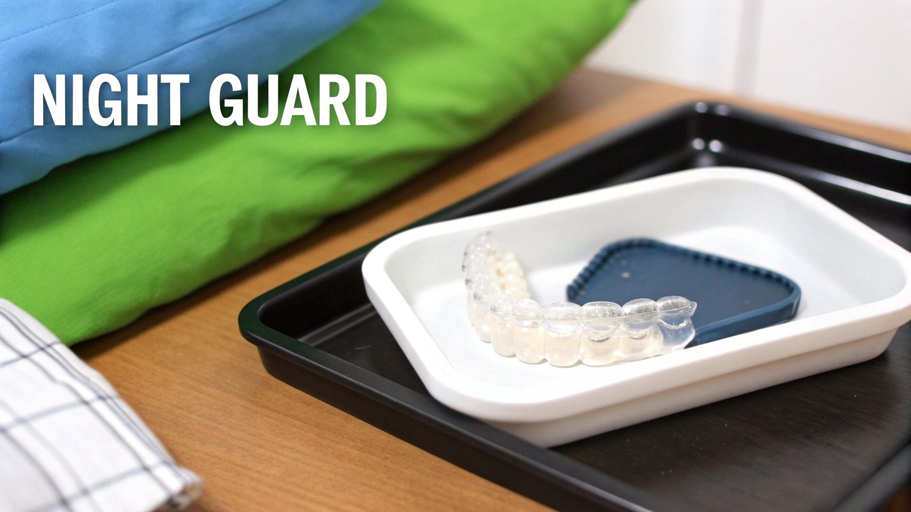 A clear dental night guard in a white tray on a dark tray, with colorful pillows in the background.