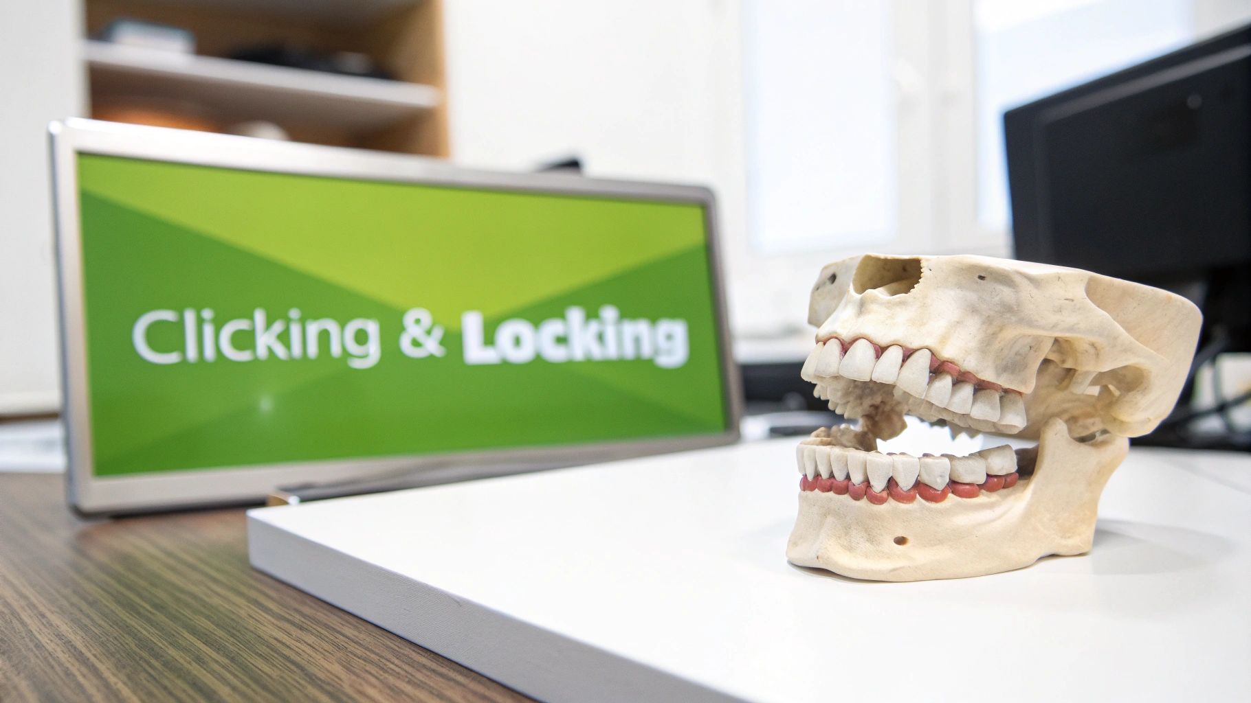 A dental skull model with teeth and gums sits on a white desk next to a monitor displaying 'Clicking & Locking' text.