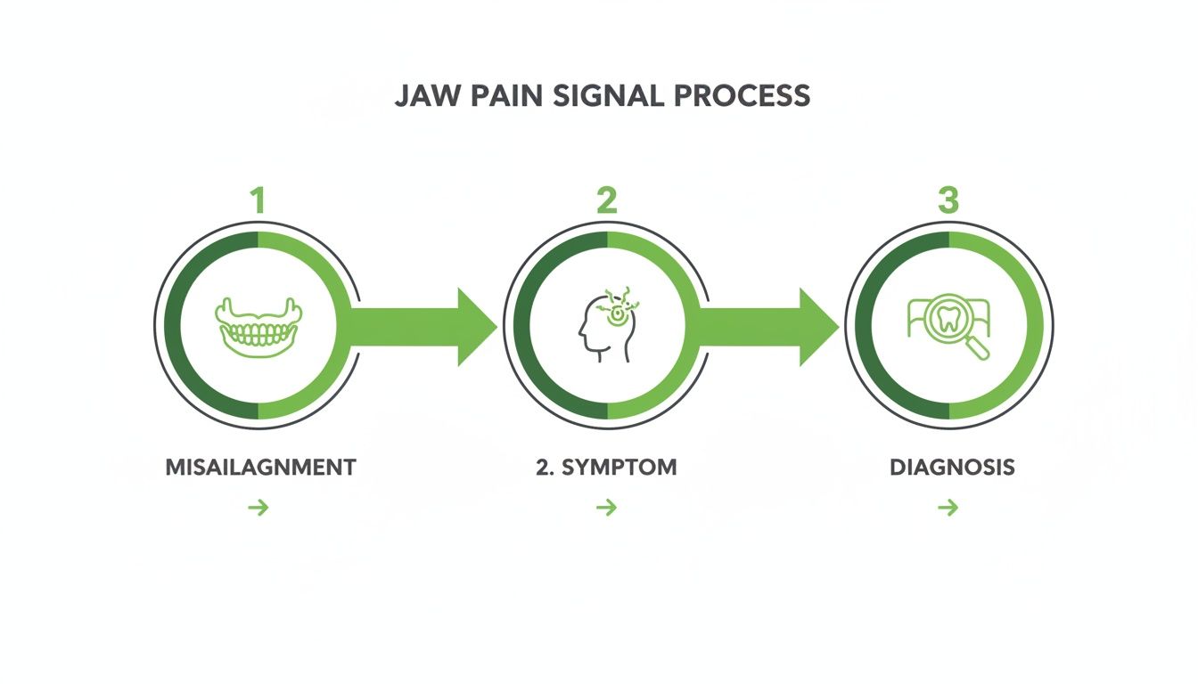 A diagram illustrating the jaw pain signal process, from misalignment to symptoms and diagnosis.