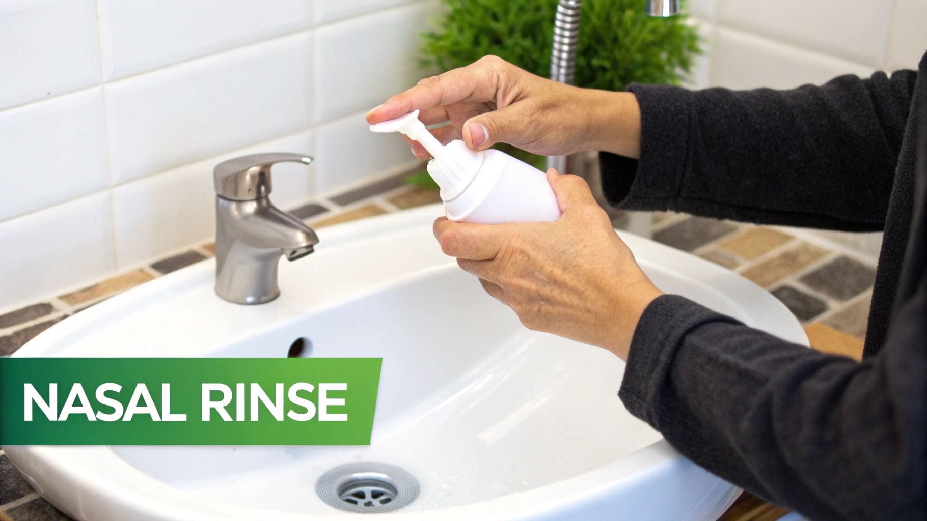 Hands preparing a white nasal rinse bottle above a bathroom sink with a faucet.