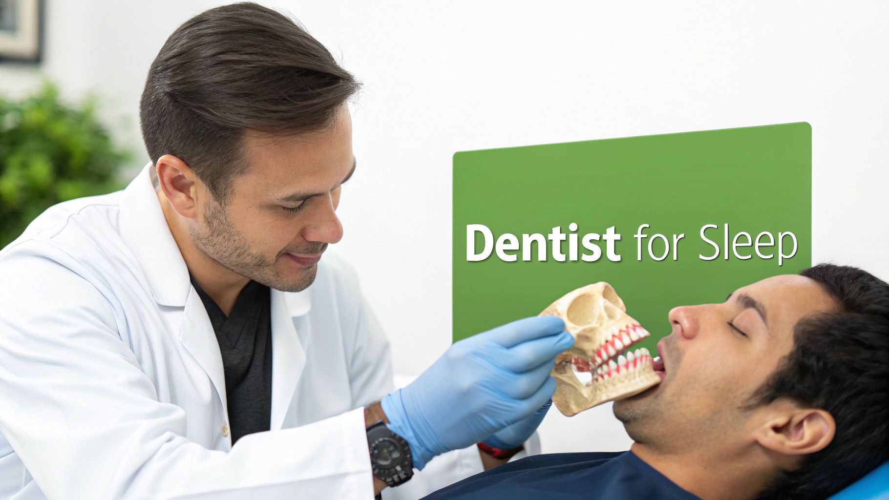 A male dentist explains a dental skull model to a male patient for sleep solutions.