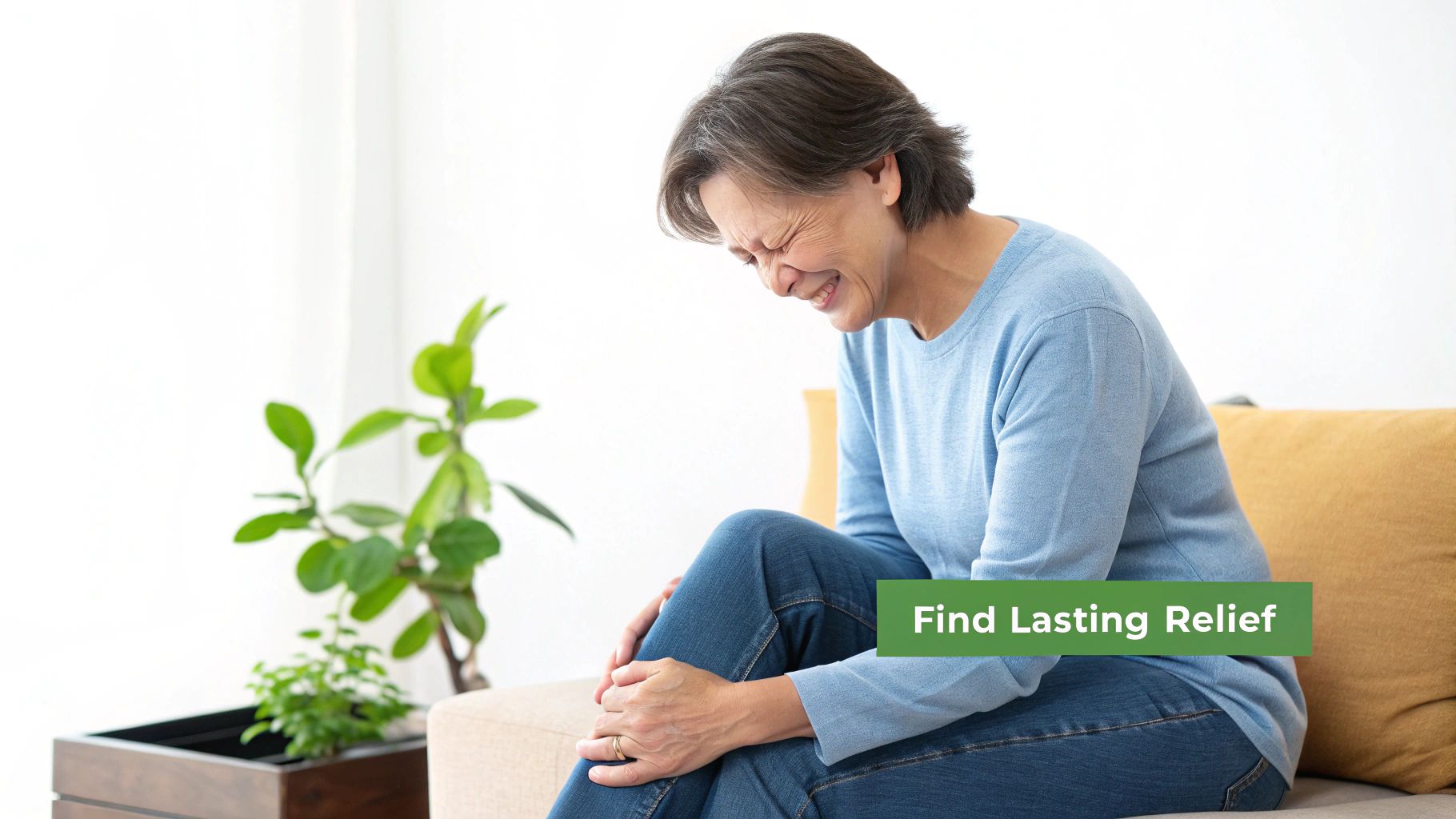 An elderly woman grimaces in pain while holding her knee, with text 'Find Lasting Relief'.