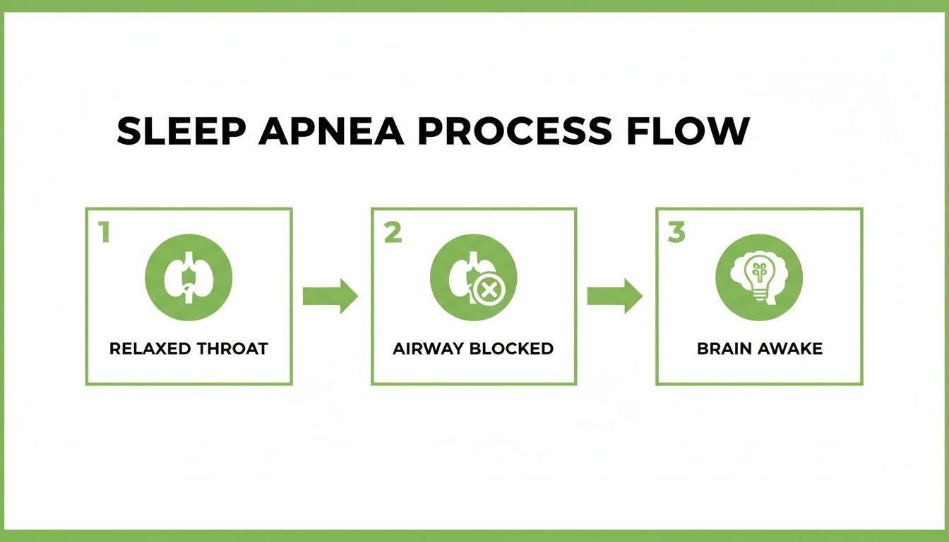 A three-step flow chart illustrates the sleep apnea process: relaxed throat, blocked airway, and brain awake.