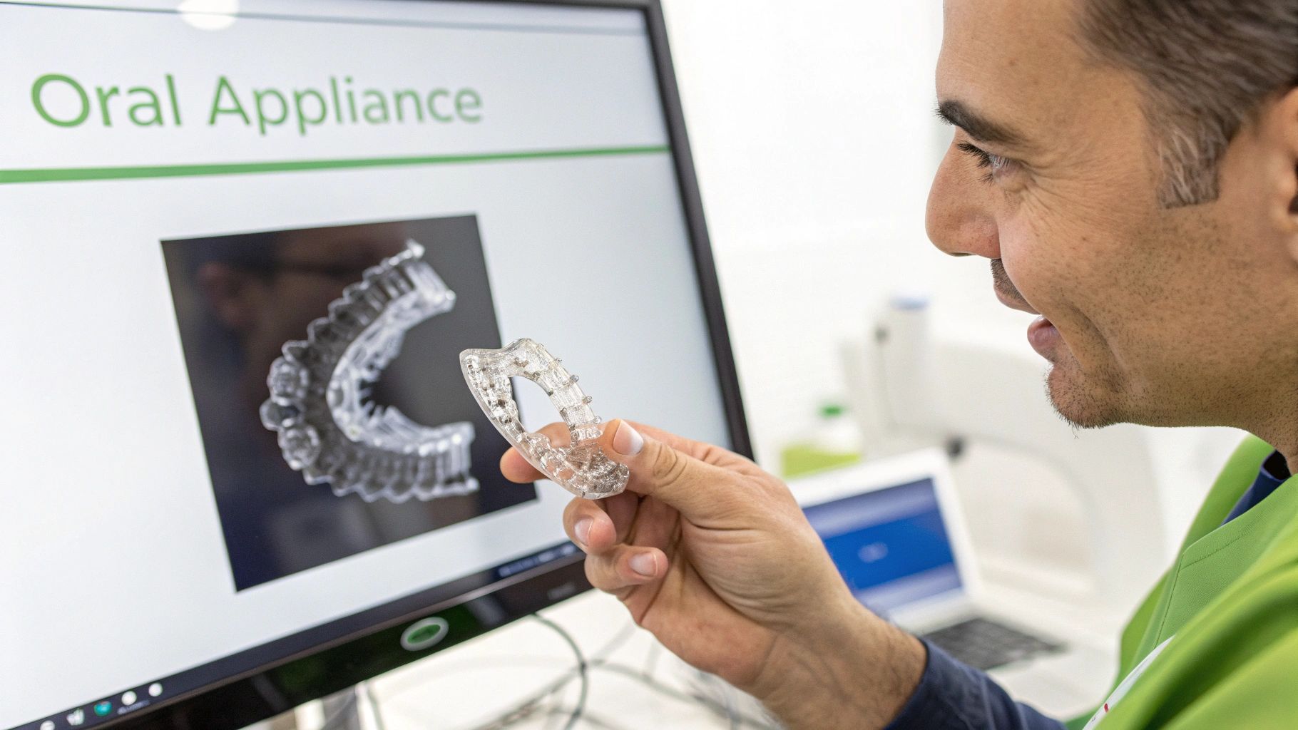 A dentist holds a clear oral appliance, looking at its 3D rendering on a computer screen.