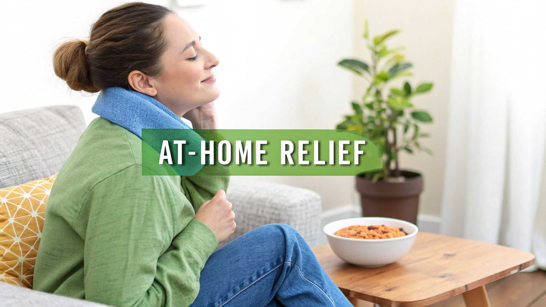 Woman on couch with blue neck wrap experiencing at-home relief for comfort.