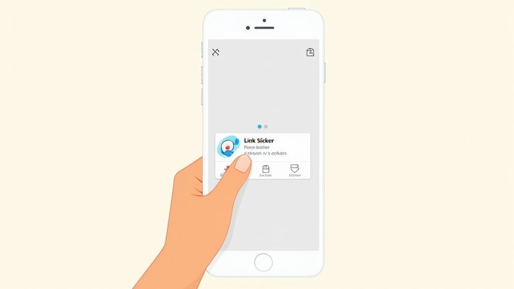 A detailed screenshot showing the Facebook Story interface with the 'Link' sticker prominently displayed in the sticker tray.