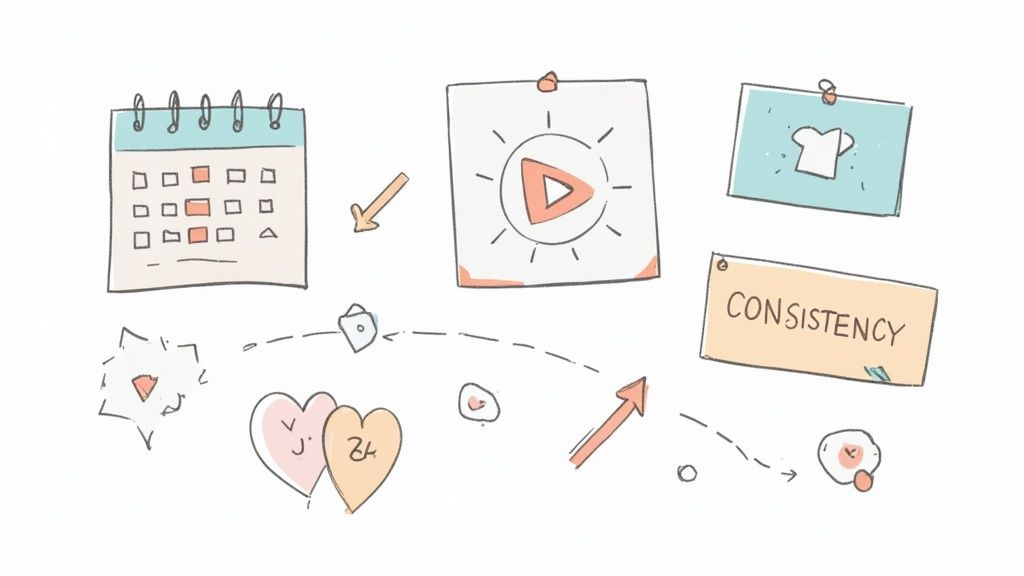 A content creator planning their TikTok video strategy on a whiteboard, with charts and ideas sketched out.