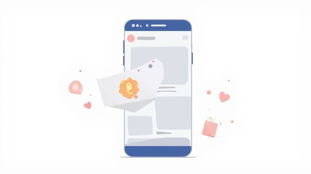 A person's hand holding a smartphone displaying the Facebook Stories interface, with a finger pointing towards the link sticker option.