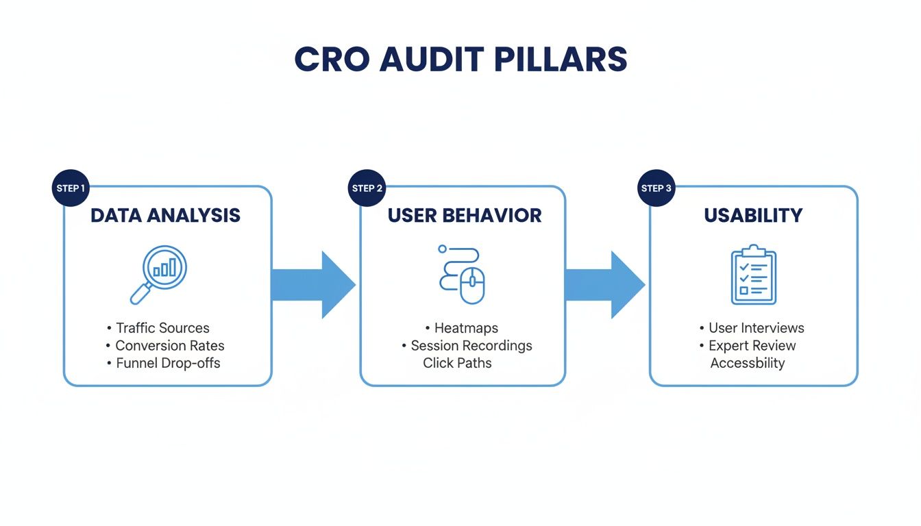 A three-step diagram outlining the CRO audit pillars: data analysis, user behavior, and usability.