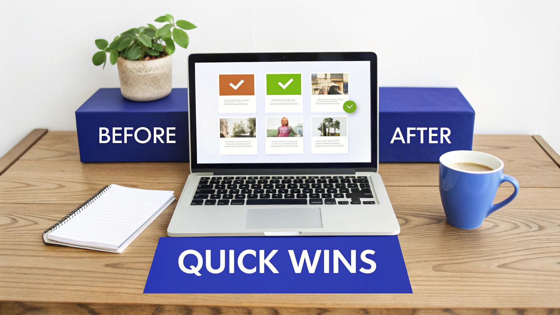 A desk setup with a laptop showing a selection process, with "BEFORE" and "AFTER" boxes, and "QUICK WINS" text.