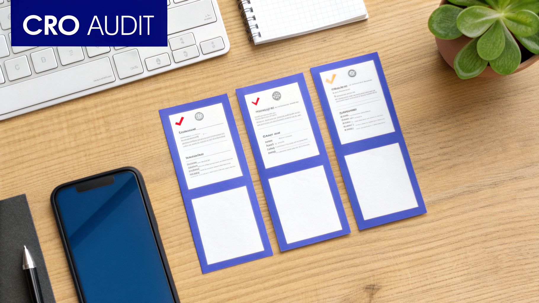 Overhead shot of a CRO audit checklist, phone, keyboard, and plant on a wooden desk.