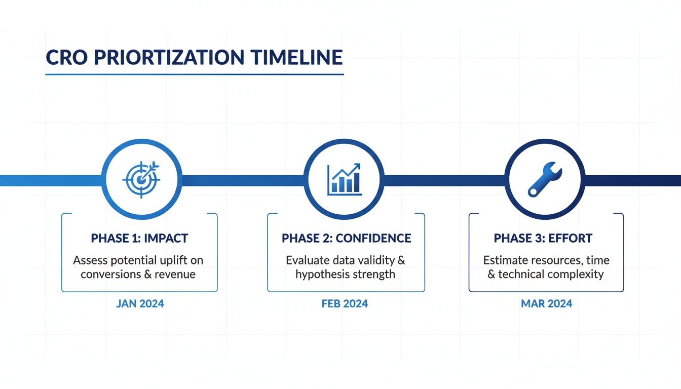 A CRO prioritization timeline illustrating three phases: Impact, Confidence, and Effort, spanning Jan-Mar 2024.