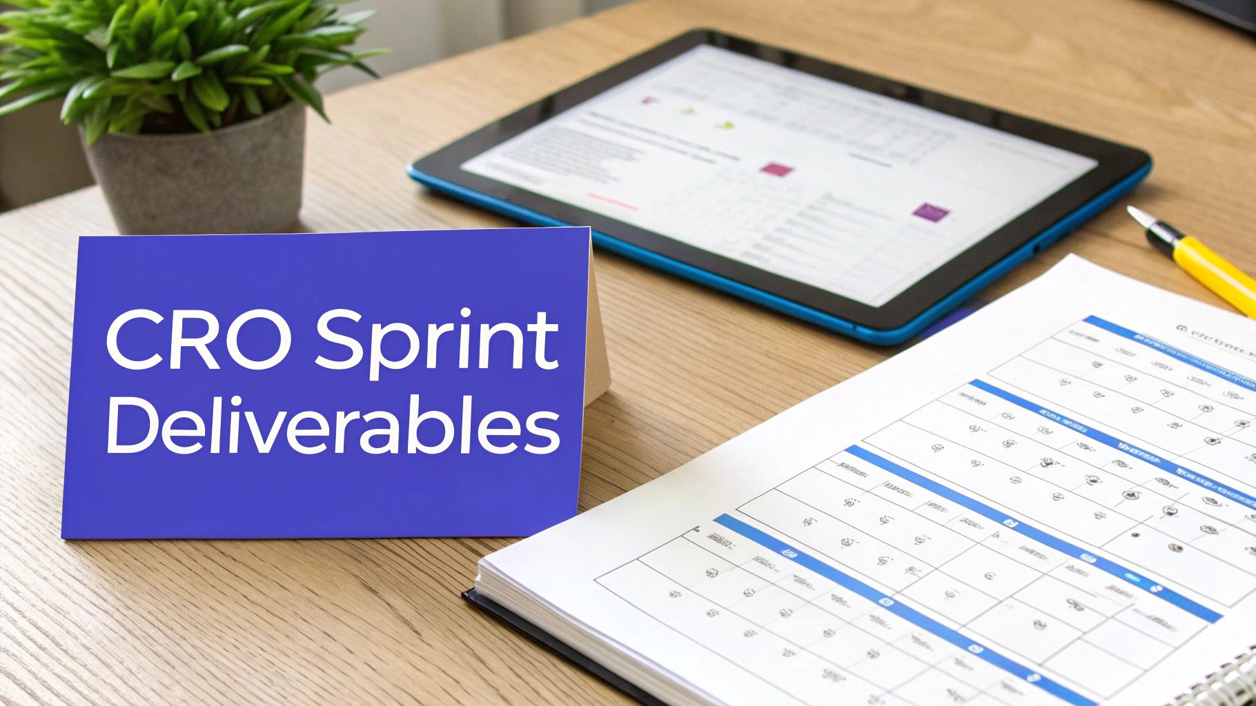 A desk with a blue sign reading 'CRO Sprint Deliverables', a tablet, a document, and a plant.