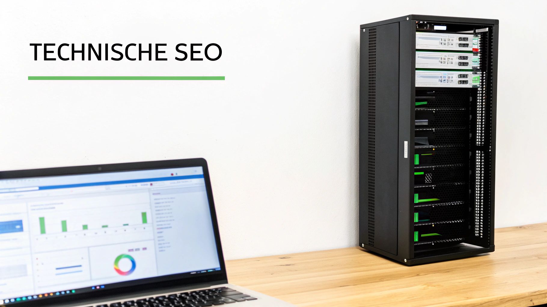 Een laptop toont analysegegevens naast een serverkast, met de tekst 'TECHNISCHE SEO' op de muur, wat wijst op website optimalisatie.