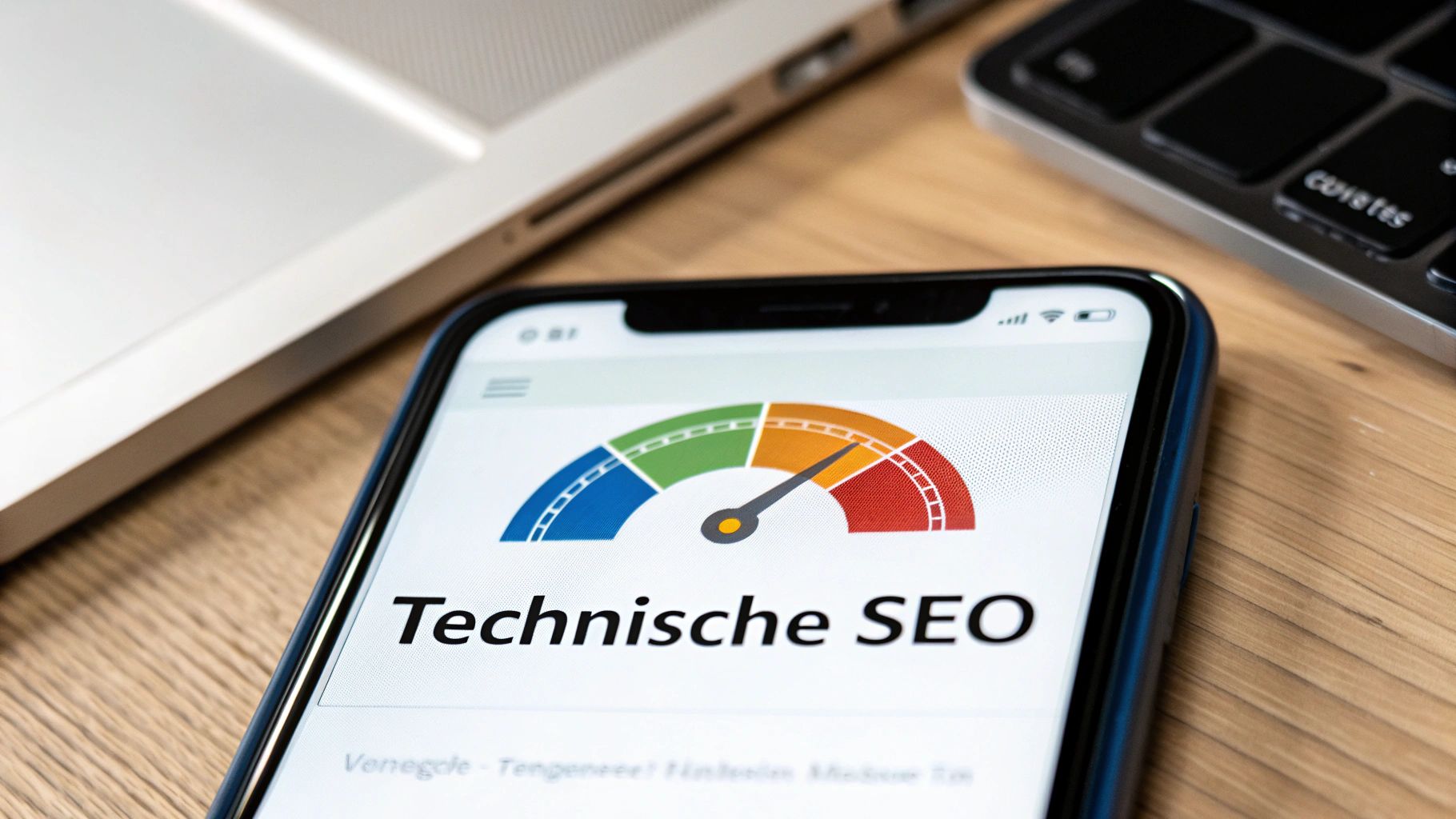 Smartphone toont technische SEO dashboard met kleurrijke snelheidsmeter en prestatie-indicatoren op houten bureau