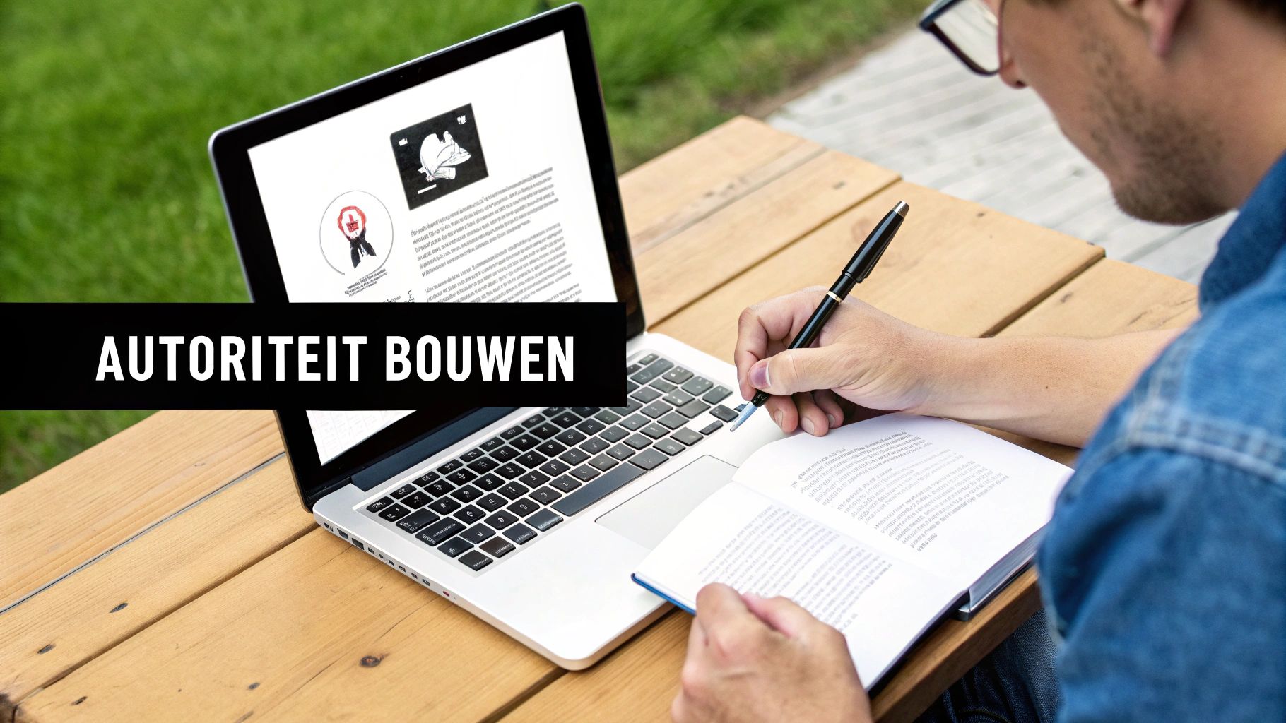 Man werkt aan autoriteit bouwen voor website met laptop en notities op houten tafel