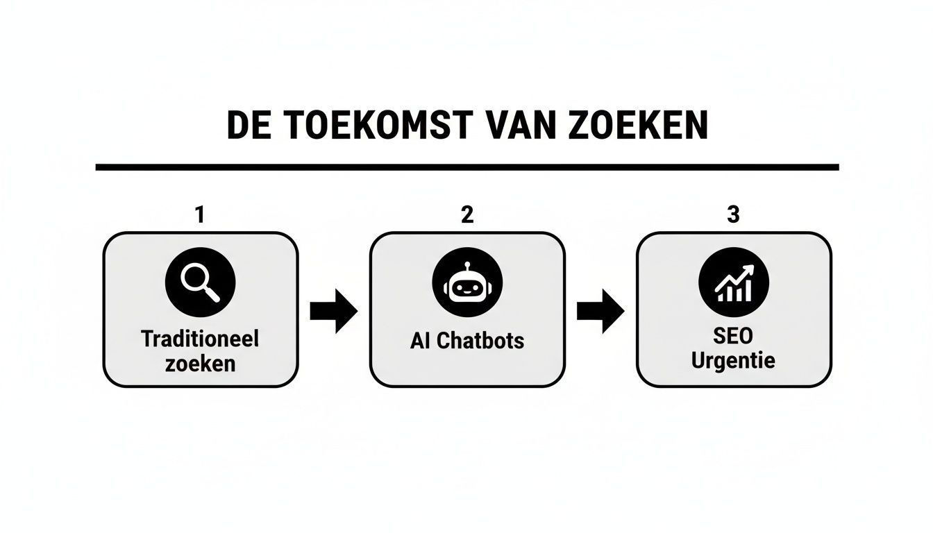 Een stroomschema toont de evolutie van zoeken: van traditioneel naar AI chatbots en de urgentie van SEO.