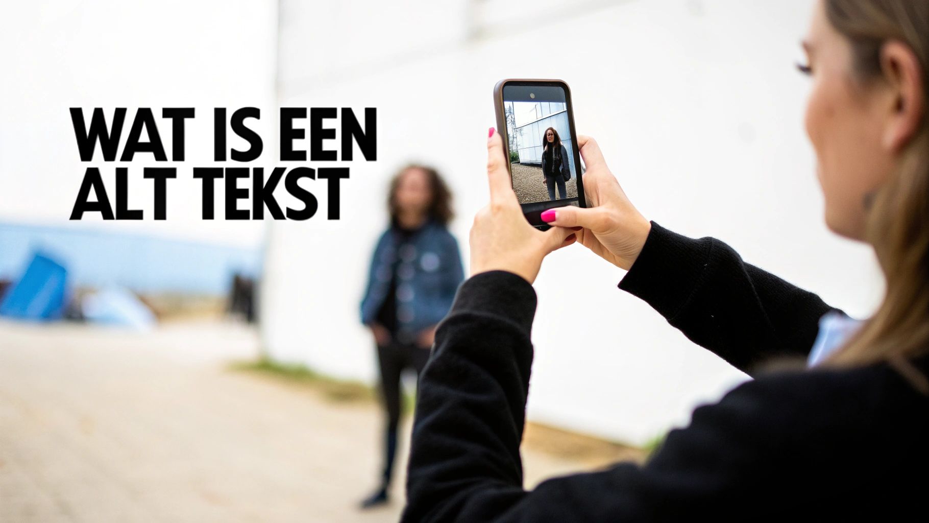 Vrouw fotografeert man met smartphone, waarbij de foto op het scherm duidelijk zichtbaar is. De tekst 'WAT IS EEN ALT TEKST' staat links.