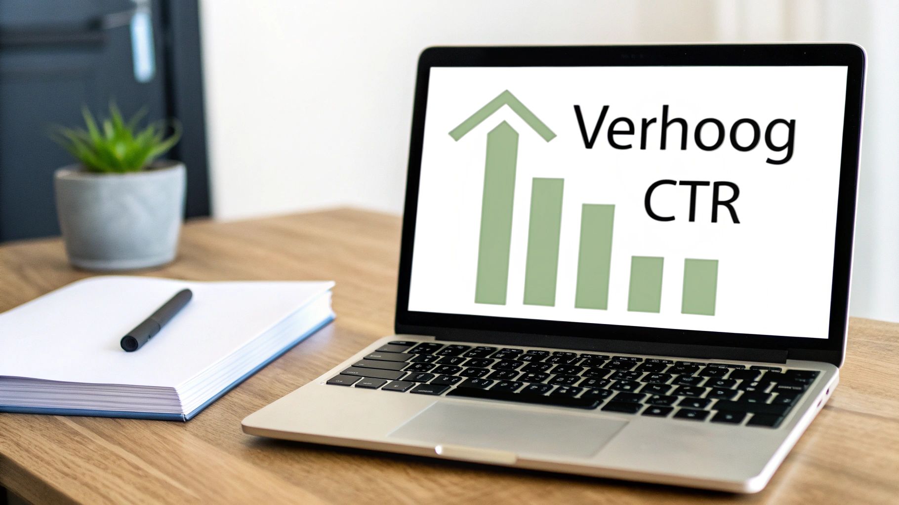 Laptop met 'Verhoog CTR' en opwaartse grafiek, notitieboekje en plant op een houten bureau.