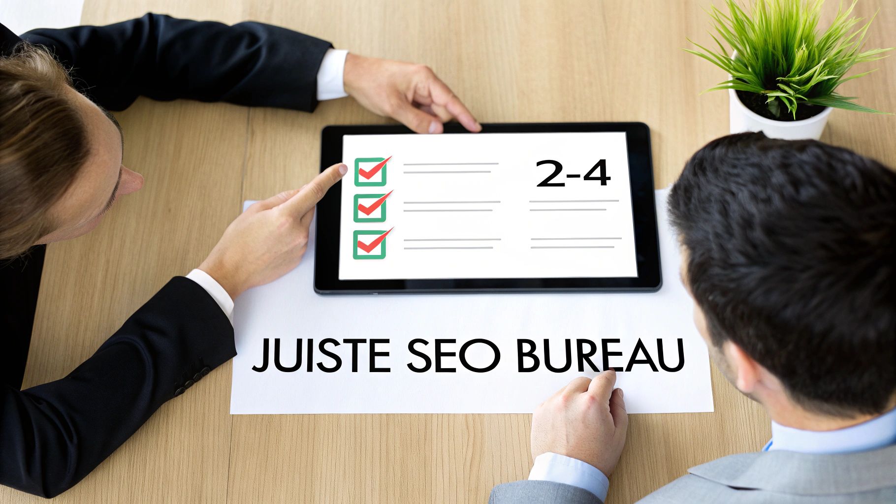 Twee mannen analyseren een tablet met een checklist en '2-4', met 'JUISTE SEO BUREAU' op papier.