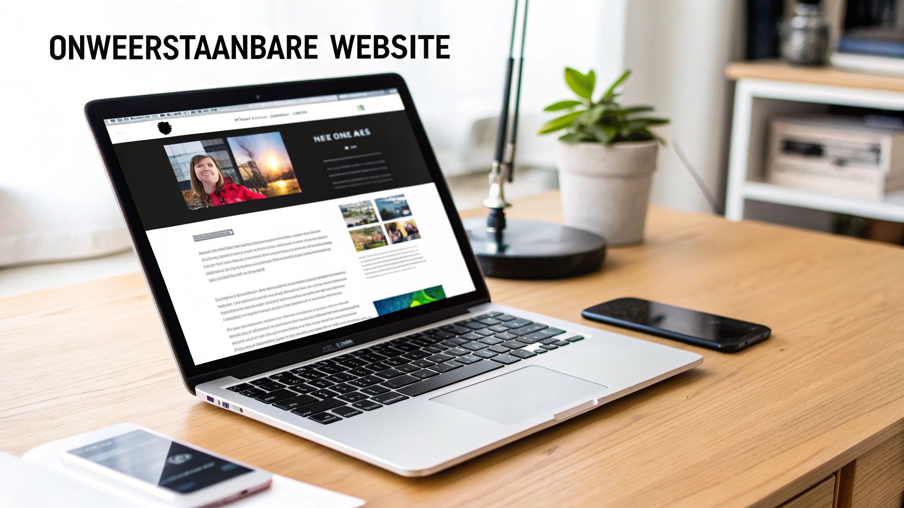 Laptop op een bureau toont een aantrekkelijke website, met een smartphone ernaast.