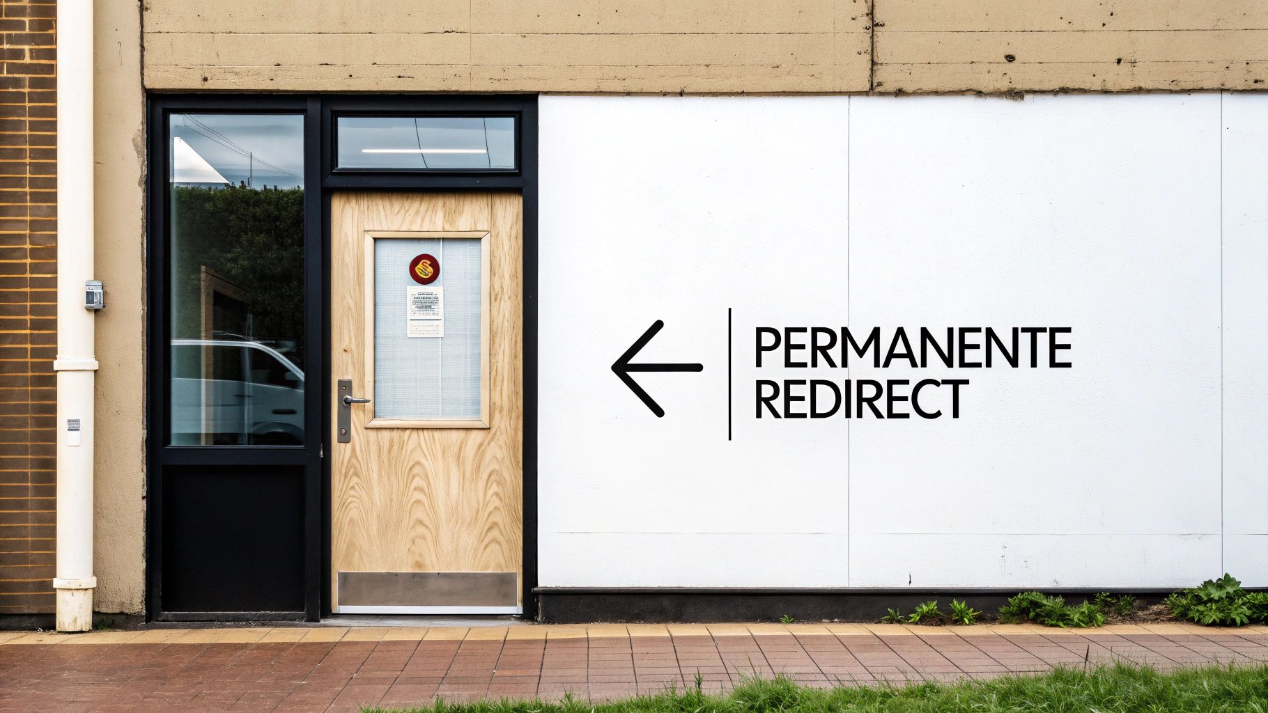 Een houten deur en glazen panelen naast een witte muur met de tekst 'PERMANENTE REDIRECT' en een pijl naar links.